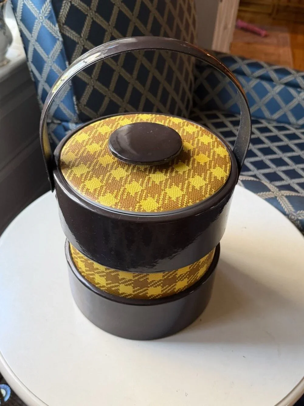 Vintage Retro brown & yellow houndstooth plaid mid century modern ice bucket